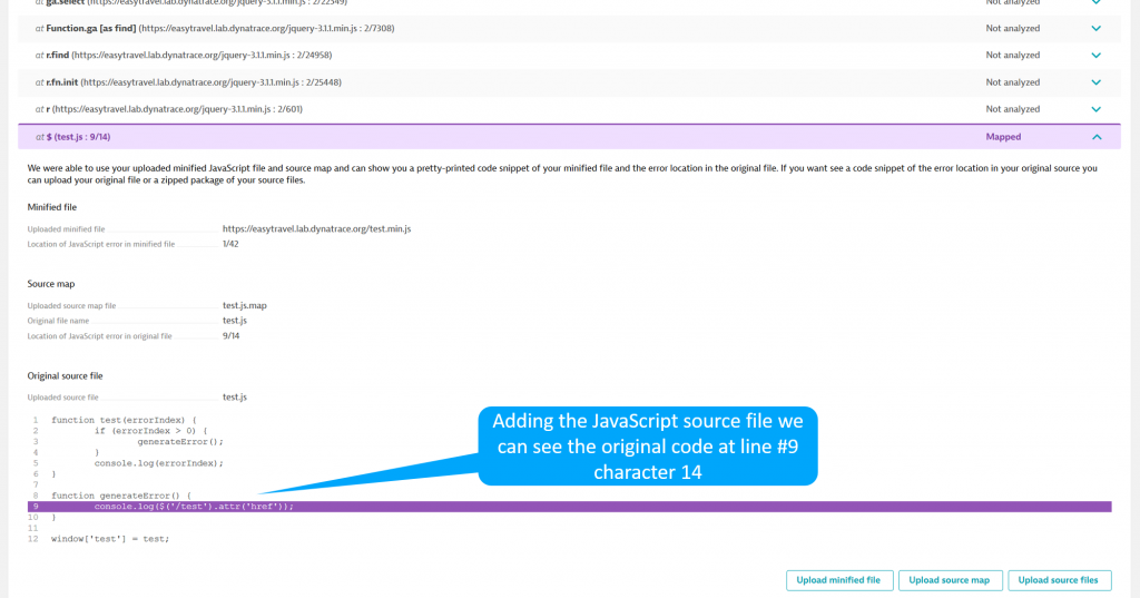 Adding the JavaScript source file we can see the original code at line #9 character 14