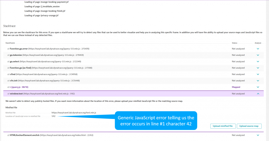 Generic JavaScript error telling us the error occurs in line #1 character 42 