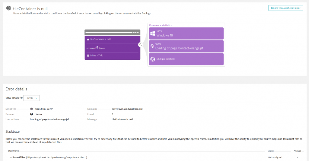 The Dynatrace automatic analysis for JavaScript errors is providing usefull information to narrow down the error environment