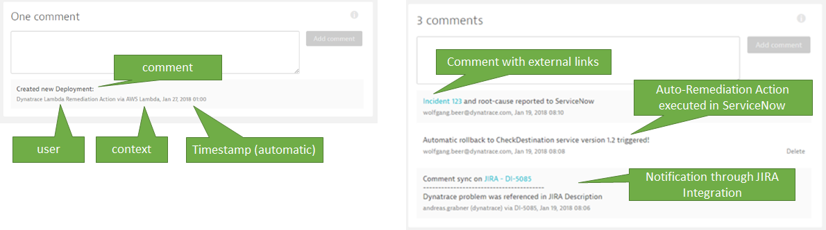 Different examples showing problem ticket comments from different custom and out-of-the-box integrations
