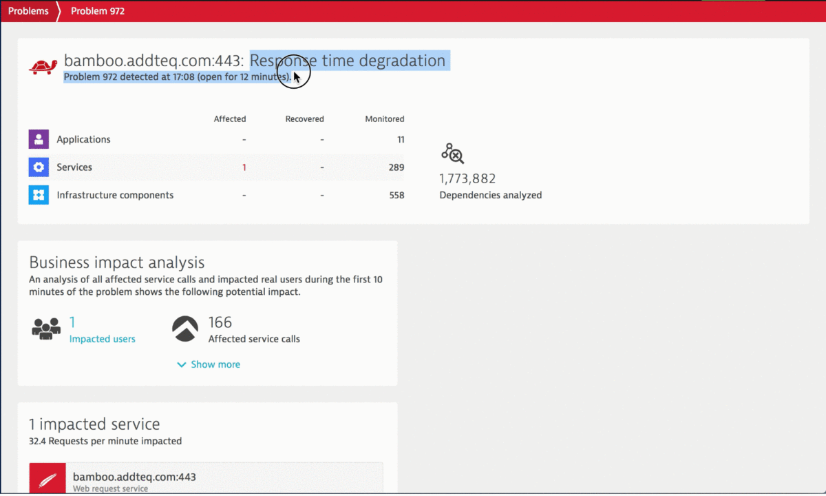 Dynatrace AI automatically detects a problem, knows about the impact and gives us root cause information per endpoint!