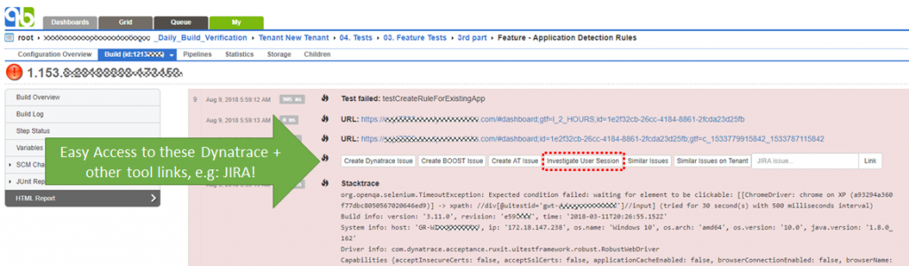 Generated links to Dynatrace and other tooling easy accessible in the Quick Build HTML Result View!