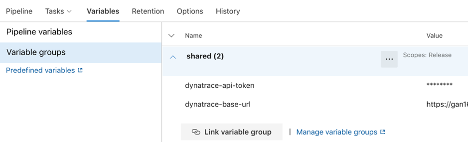 Dynatrace screenshot - Link variable group to the release pipeline