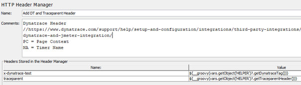 Through the JMeter Header Manager we add context such as test step, use case, thread group as well as traceparent (W3C Trace Context)