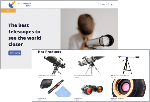 OpenTelemetry images: Boy looking through a telescope; tiles with telescope and binoculars images