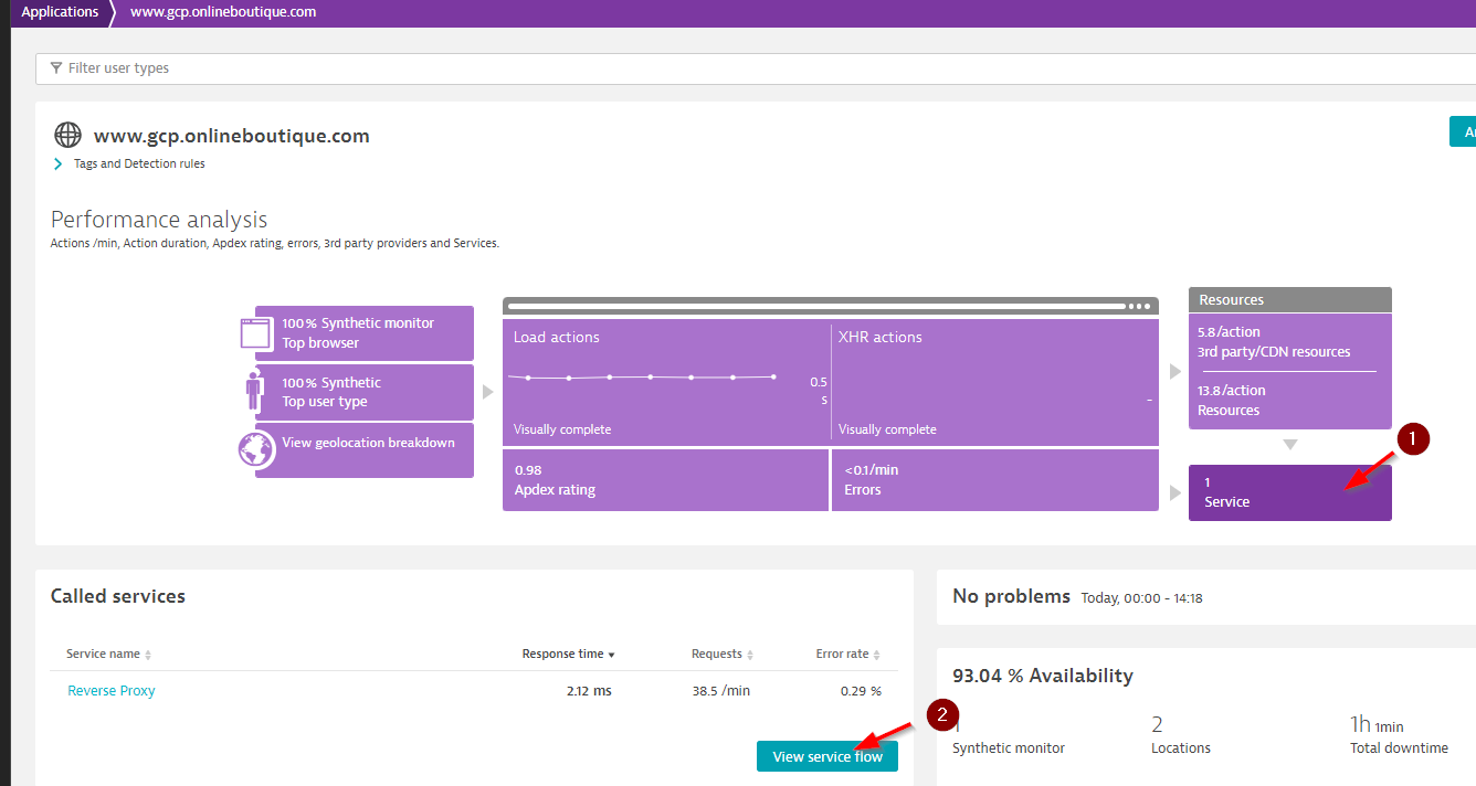 service flow screenshot showing service level indicators