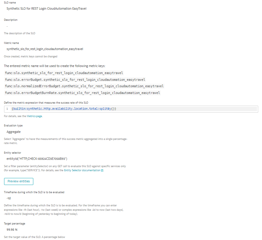 Screenshot showing the synthetic setup for implementing service level objectives