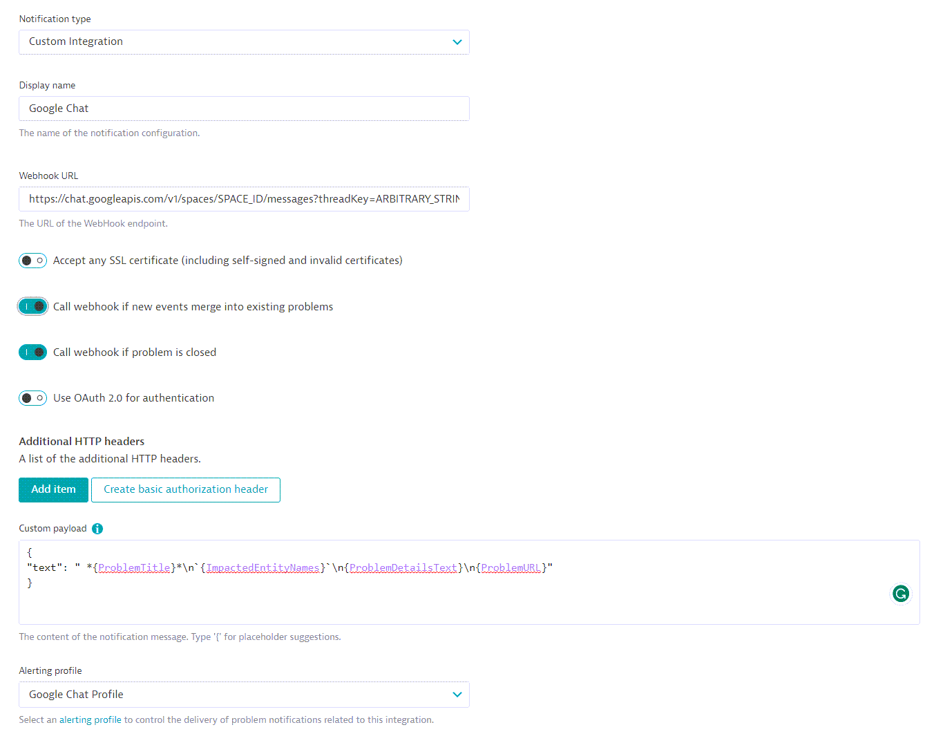 Google Chat custom integration screen in Dynatrace