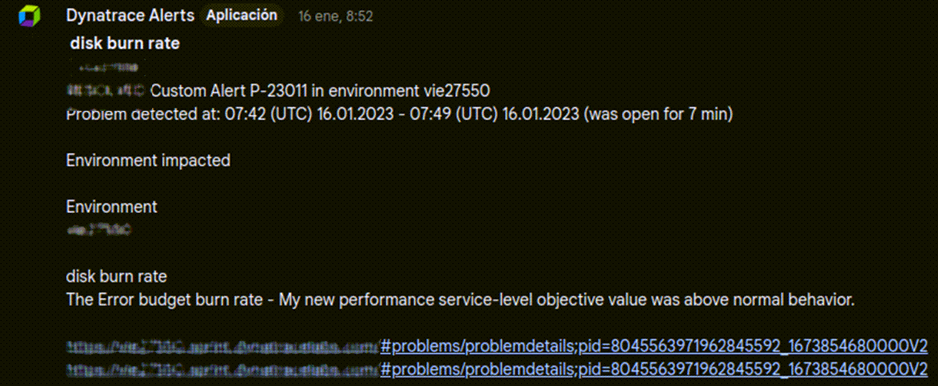 Sample notification of Dynatrace alerts in Google Chat