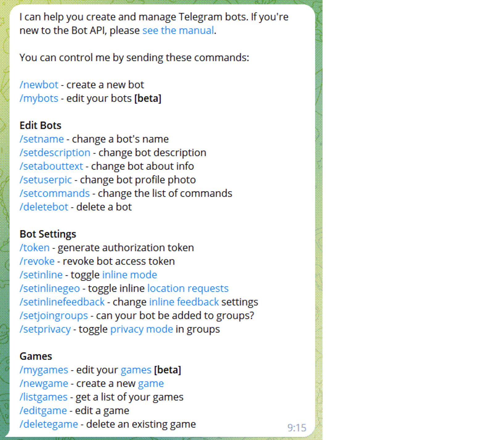 ChatOps integration with Telegram: BotFather command menu