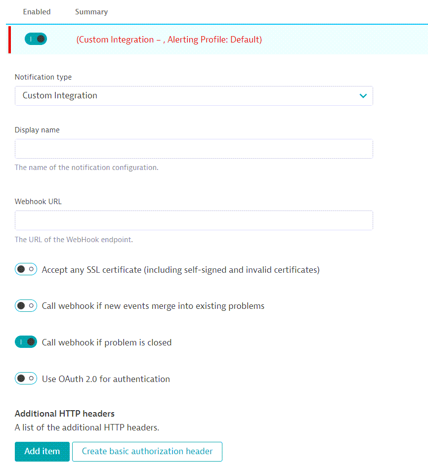 Dynatrace custom integration page to set up ChatOps with Telegram