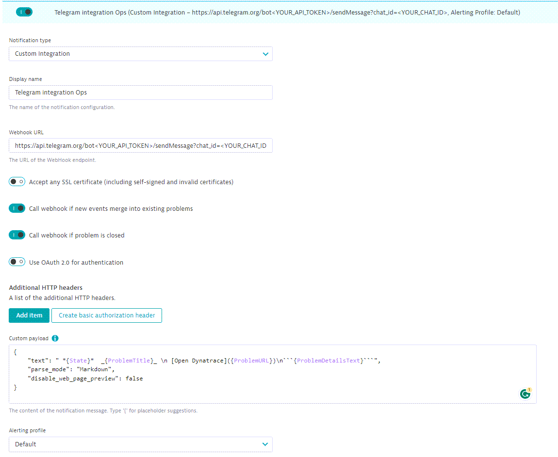 Full Telegram custom integration settings in Dynatrace