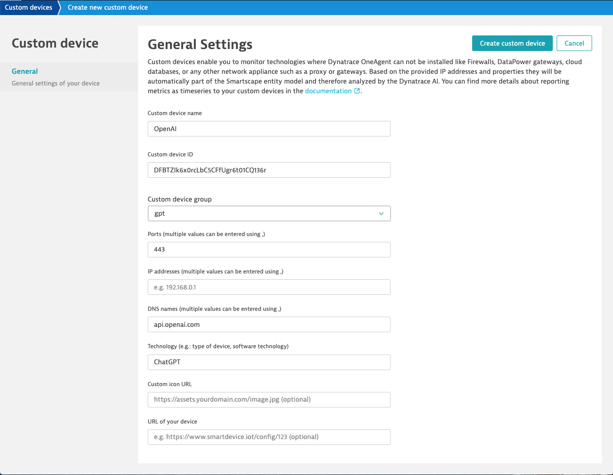 General Settings for OpenAI calls in Dynatrace screenshot