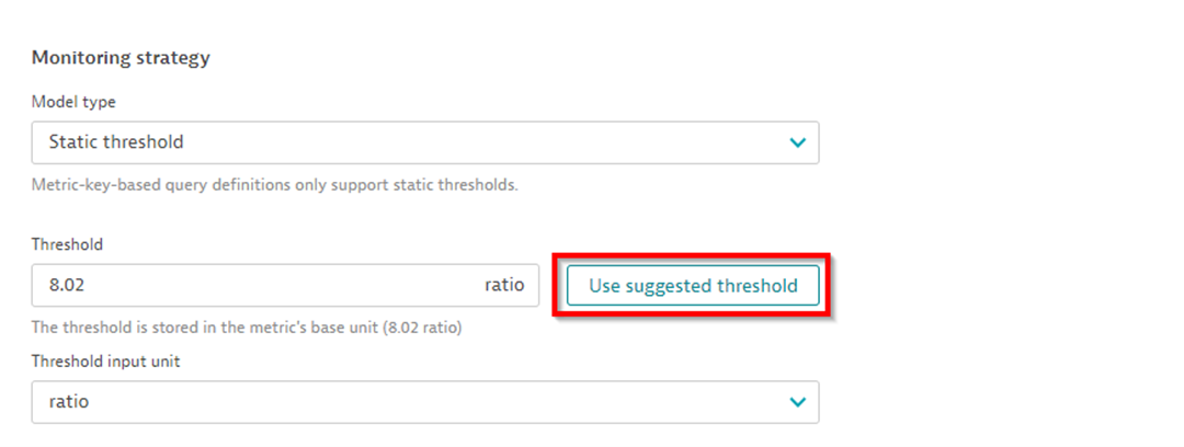 Selecting suggested threshold when setting up alerting on SLOs in the Dynatrace interface