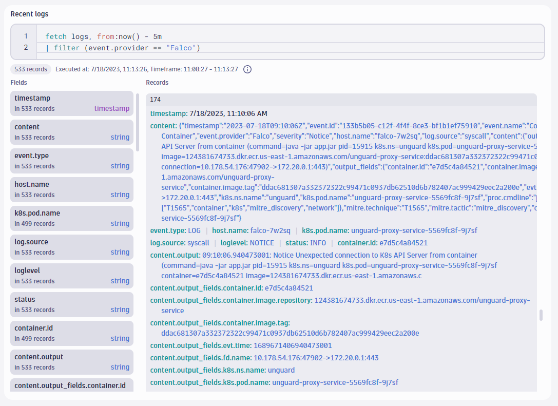 TTP-based threat hunting: Dynatrace automatically infers the fields from our events