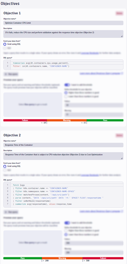 Screenshot of cost performance objective SLO in support of the AWS well-architected pillars