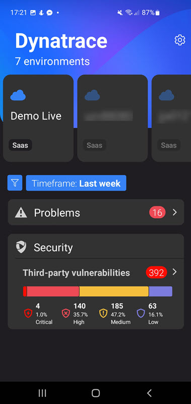 Dynatrace mobile app homepage