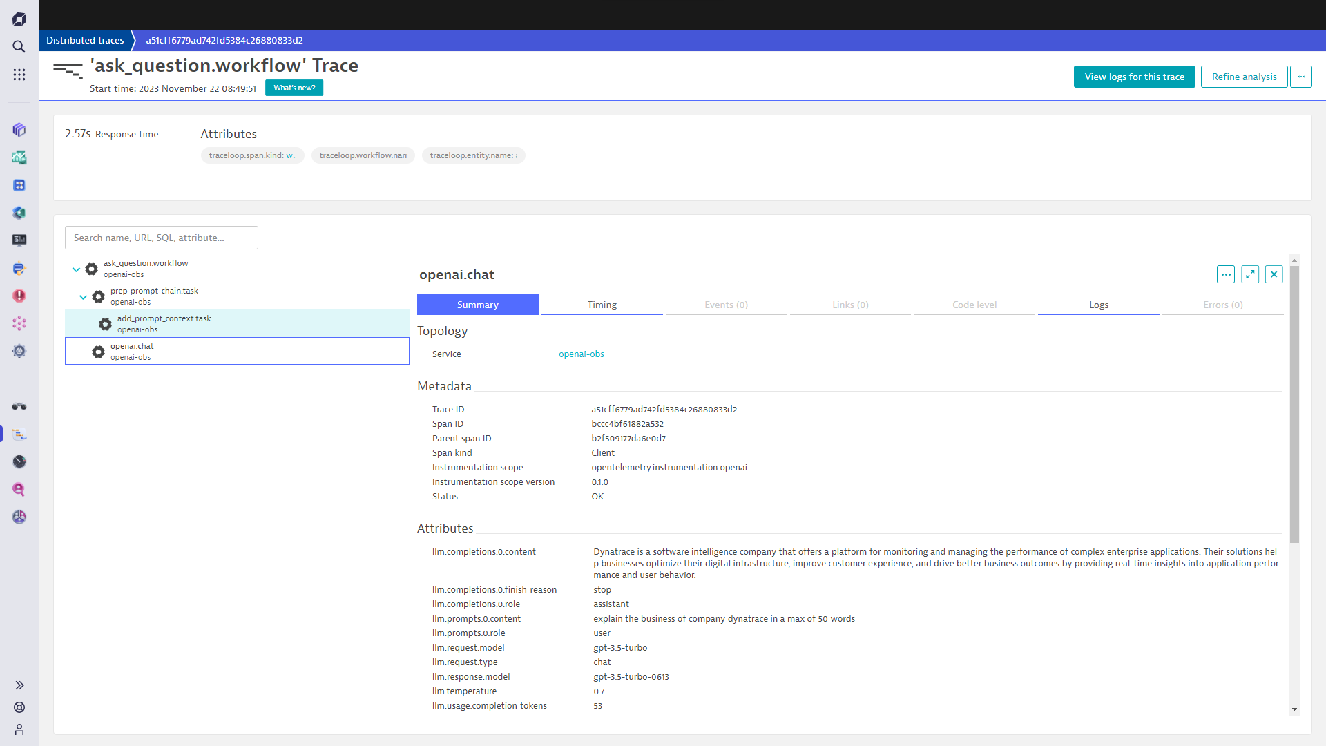 LangChain task distributed traces in Dynatrace screenshot