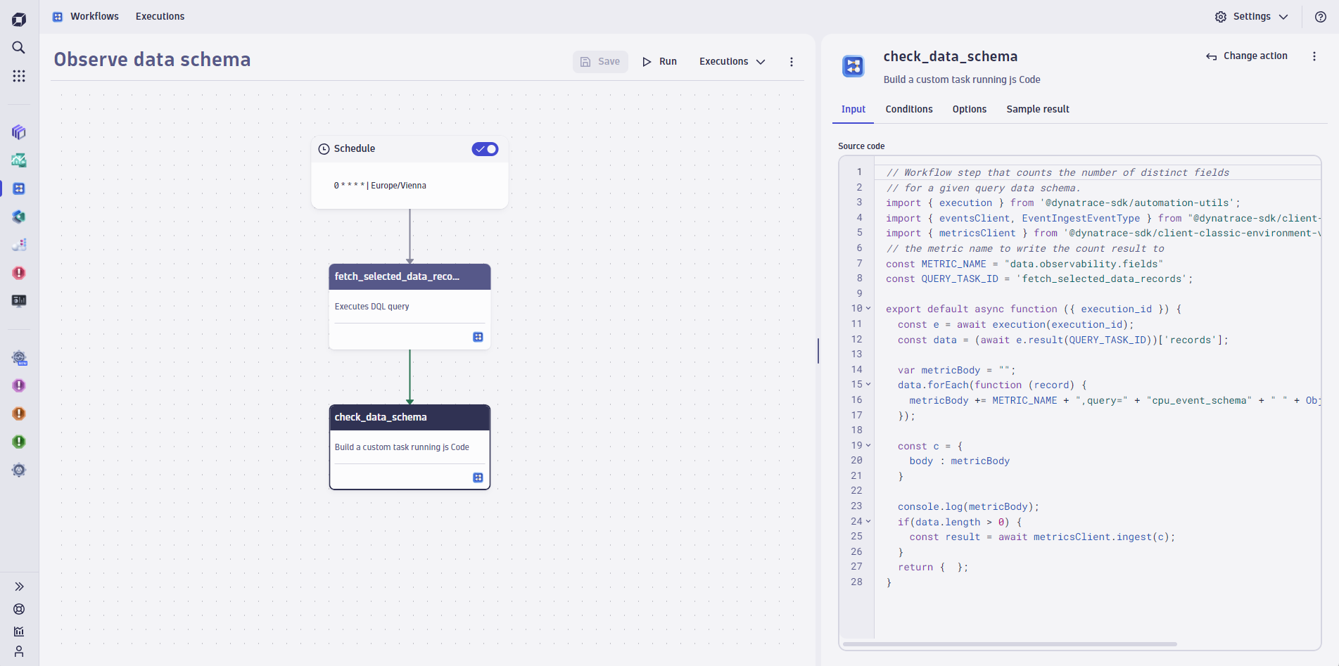 Keeping track of the field count in a new metric (data.observability.fields) using Workflows and Typescript.