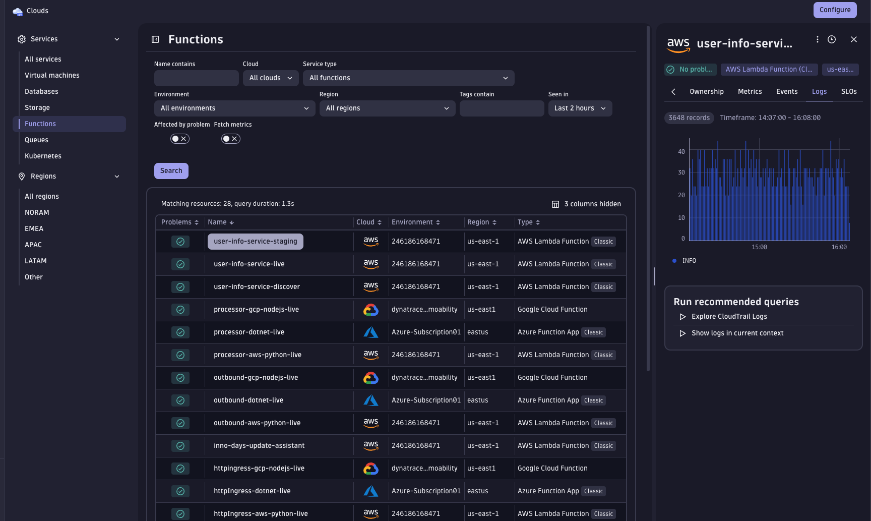 Log insights are automatically displayed for the selected resource.