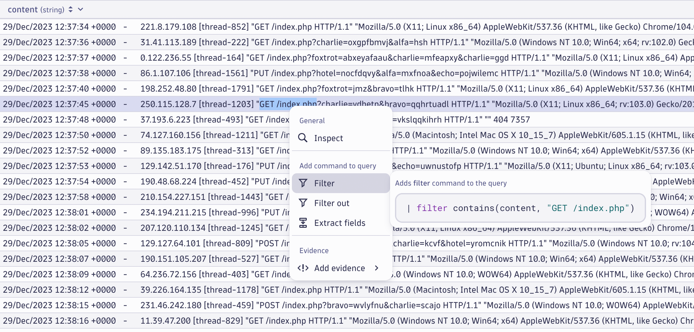 Select a portion of a text string to add to your DQL query with the correct syntax for the desired action.