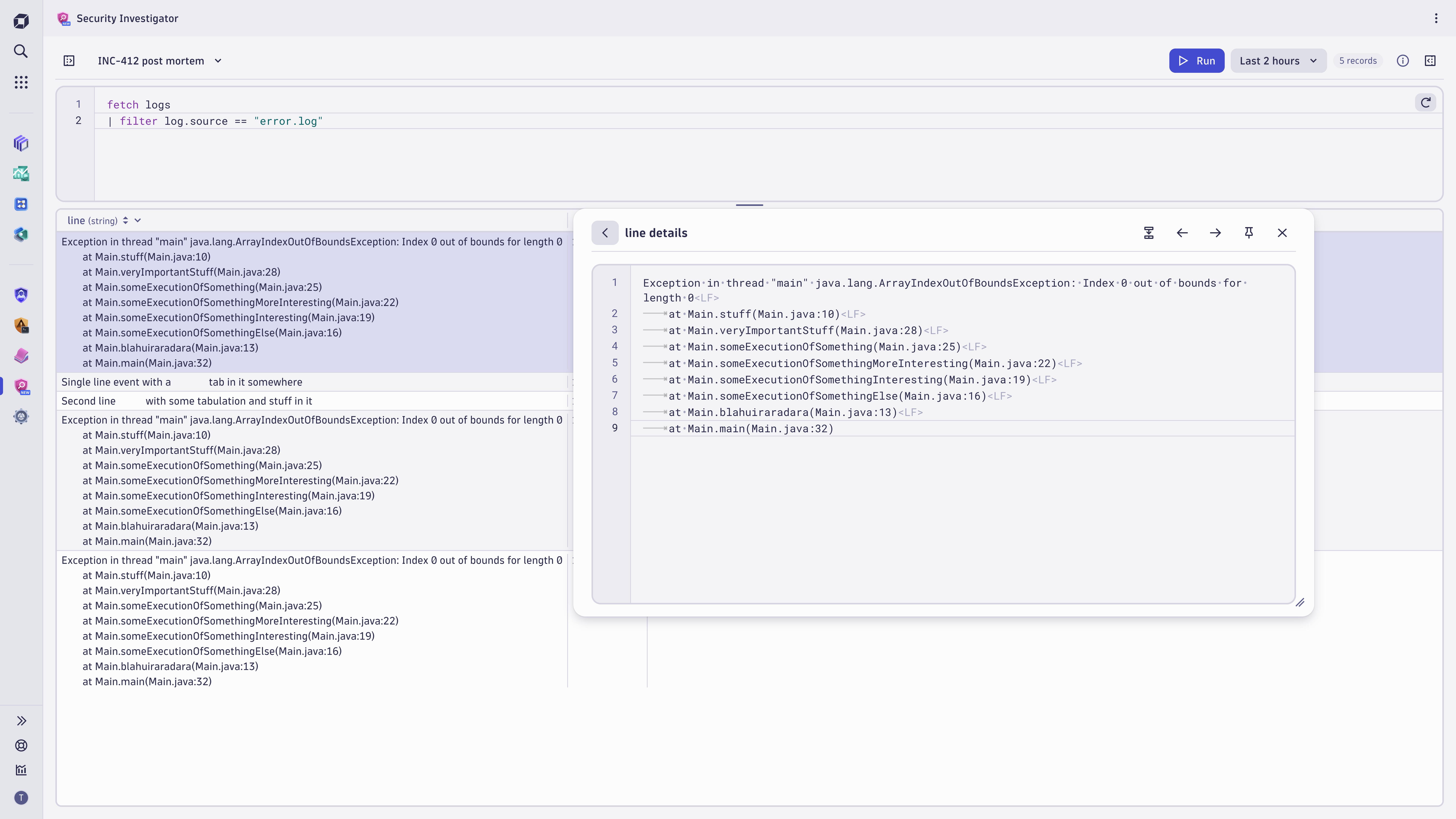 Multi-line content shows stack traces with line breaks in their original form.
