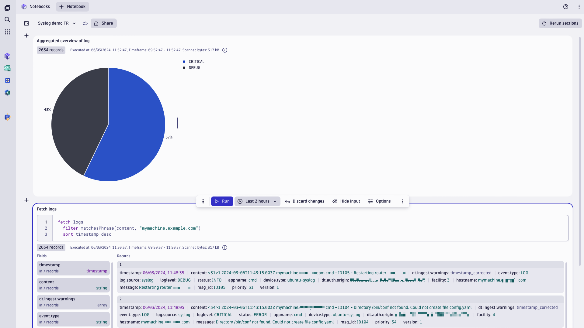 Logs in Dynatrace with corresponding log.source and device.type attributes