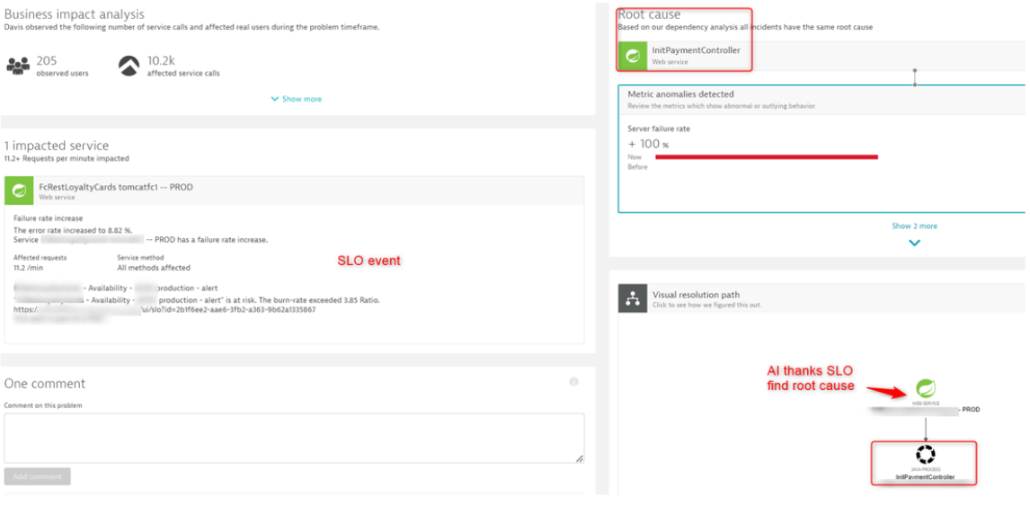 Root cause found by AI thanks to an SLO in Dynatrace screenshot