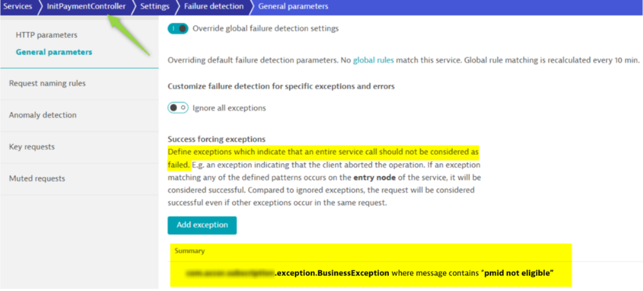 Payment Controller settings in Dynatrace screenshot
