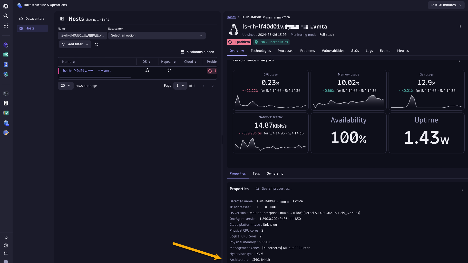 Infrastructure & Operations app shows a monitored host with s390 architecture, and the Logs tab shows log data for that host.