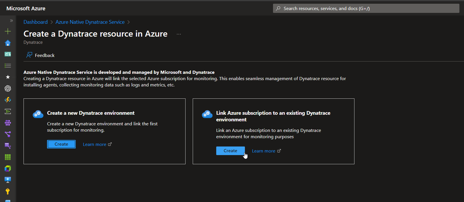 Create a Dynatrace resource in Azure