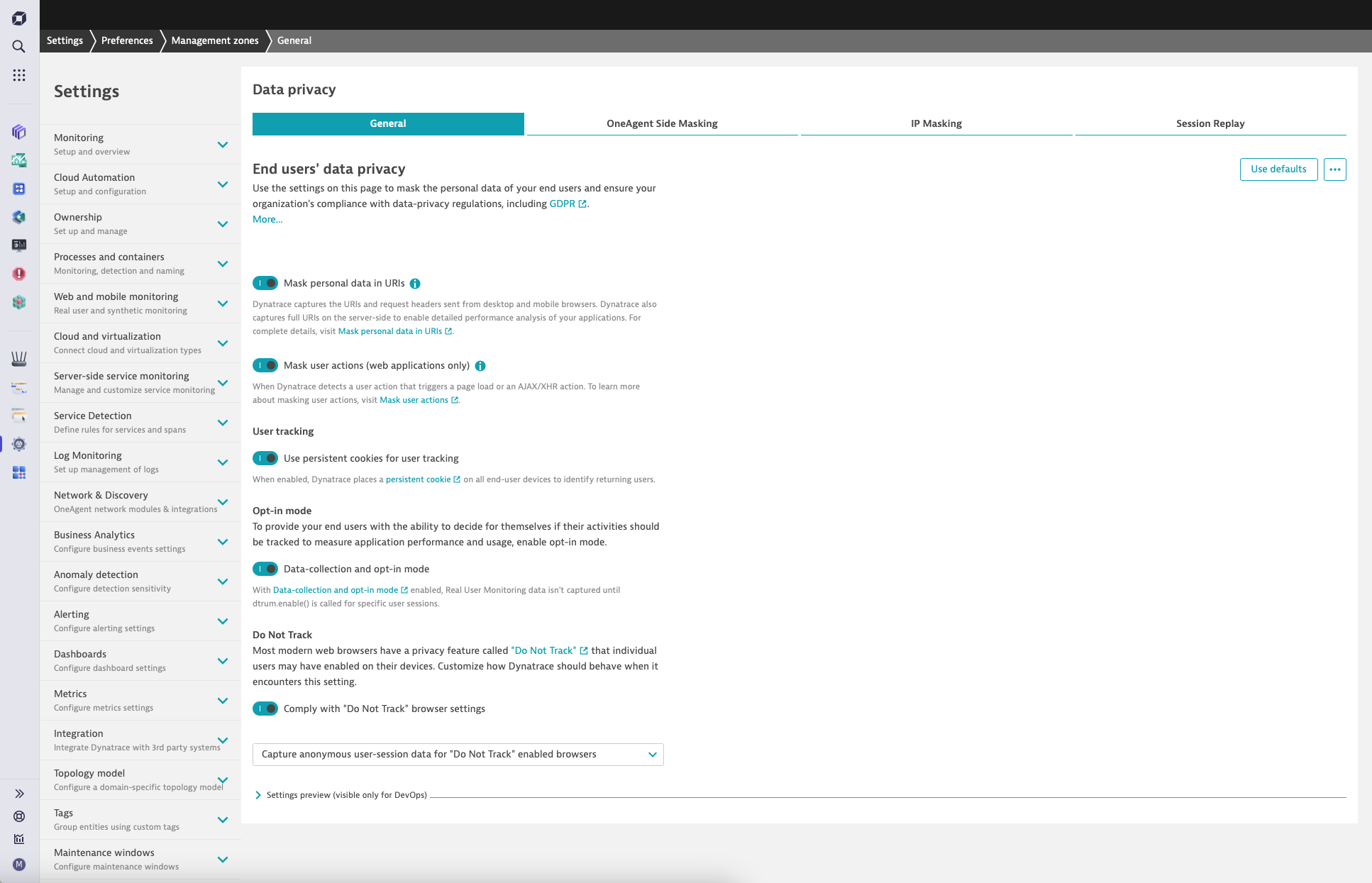 Data privacy screenshot in Dynatrace