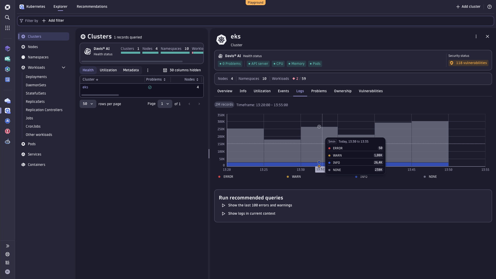 Kubernetes logs in context in Dynatrace screenshot