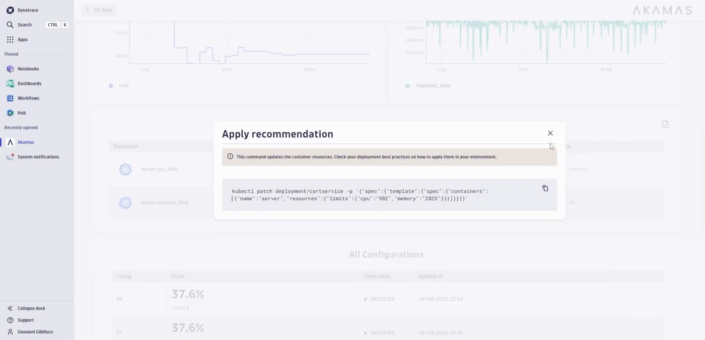 Dynatrace® Apps showcase: Akamas Kubernetes optimization