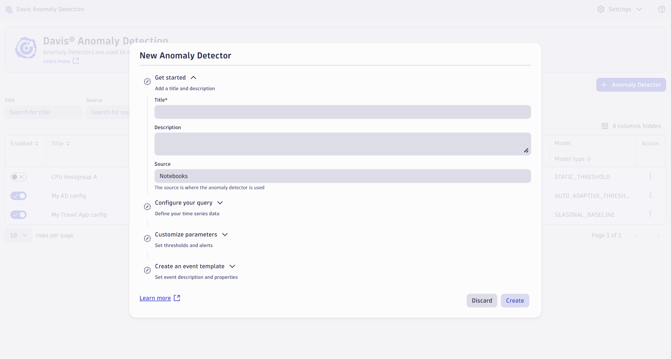Create a new anomaly detector in Davis Anomaly Detection.