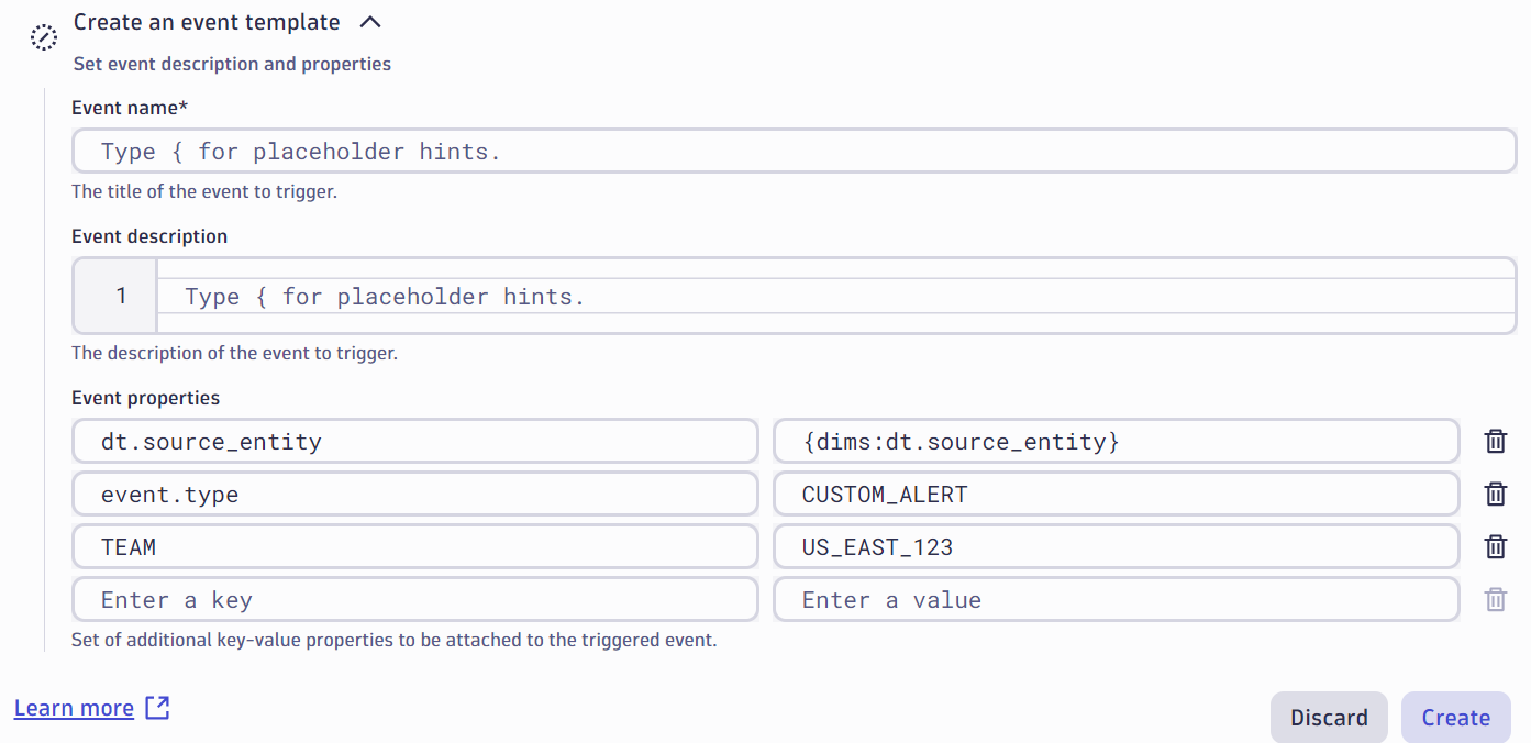 Define the description and properties in the event template.