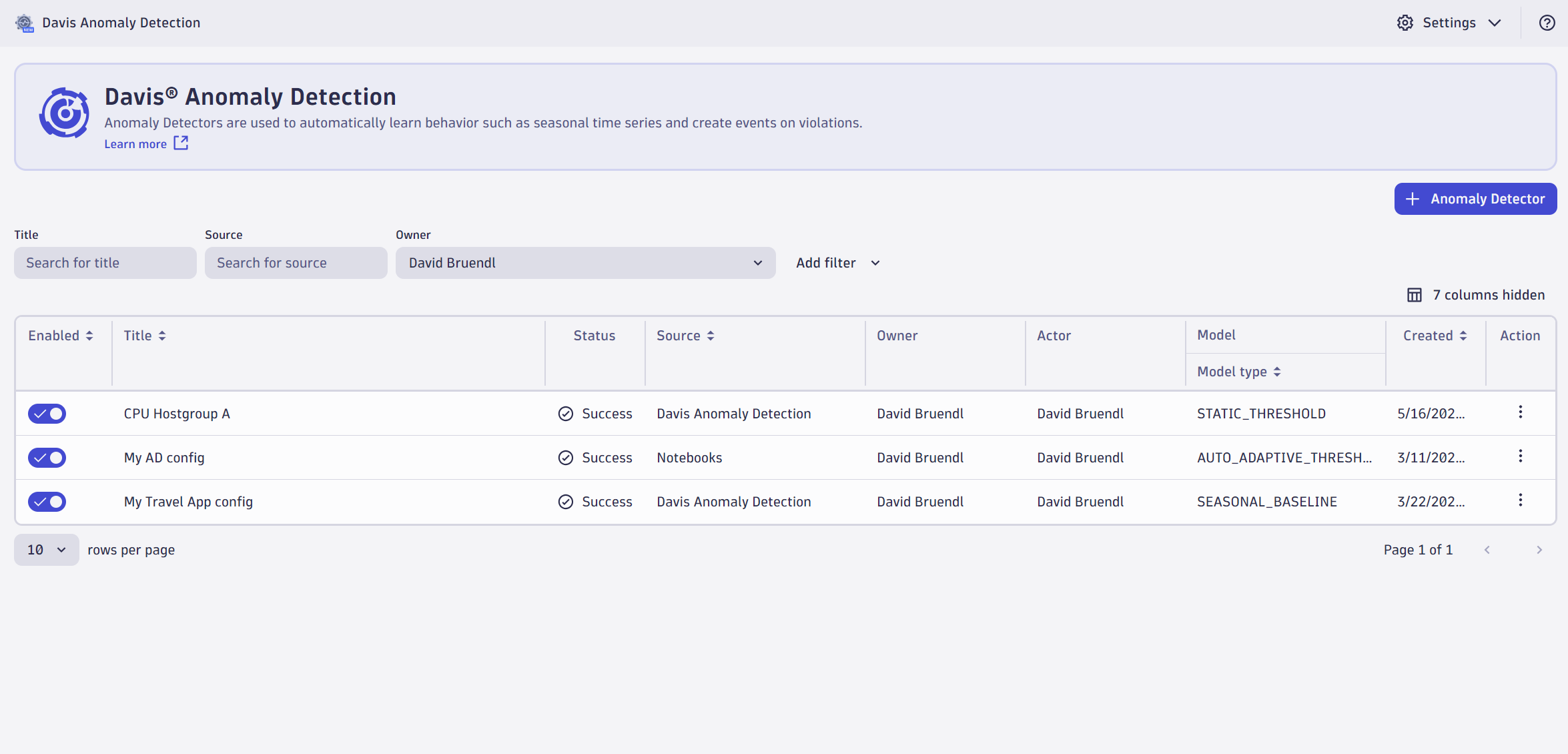 Overview of anomaly detectors available within Davis Anomaly Detection.