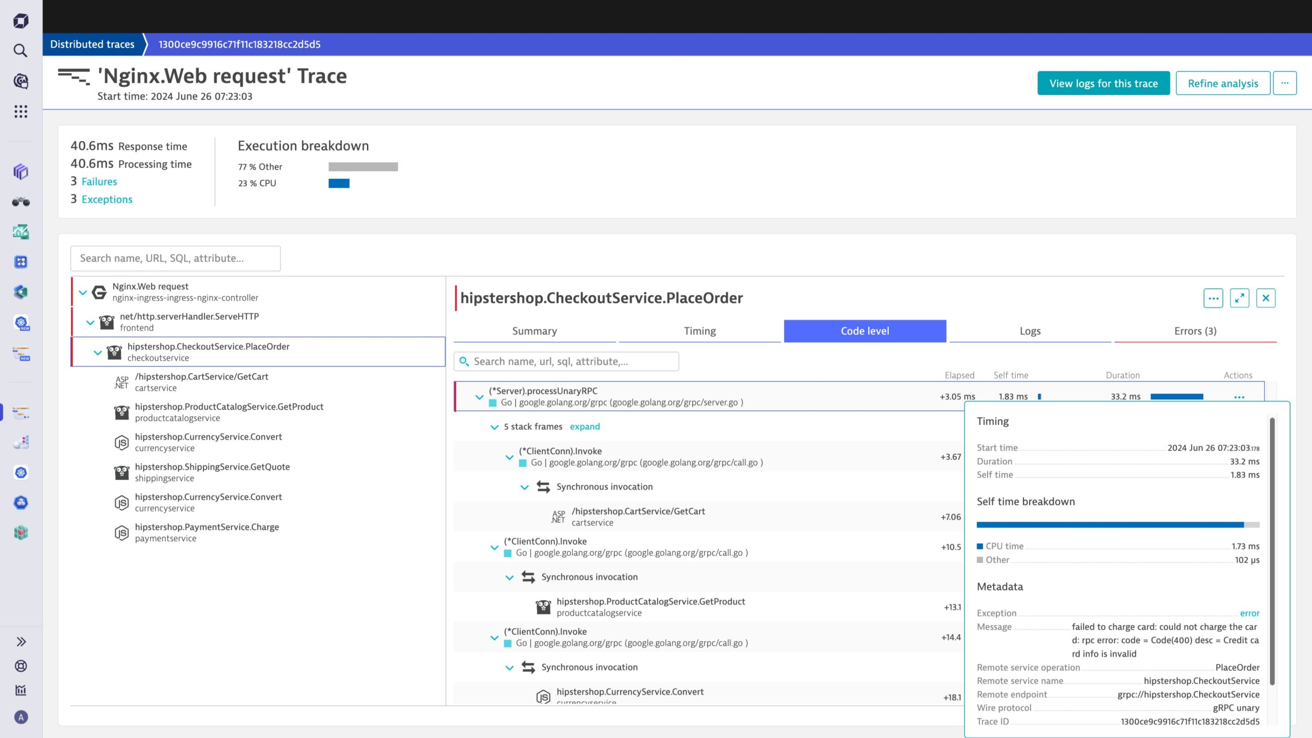 Distributed traces Code-level exception in Dynatrace screenshot