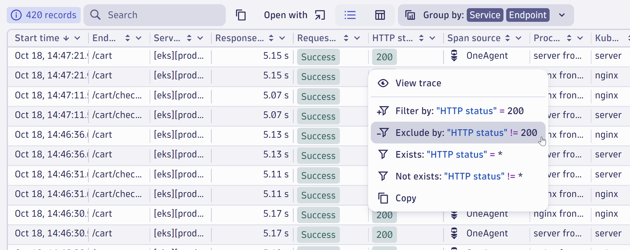 Distributed Tracing Explorer chart in Dynatrace screenshot