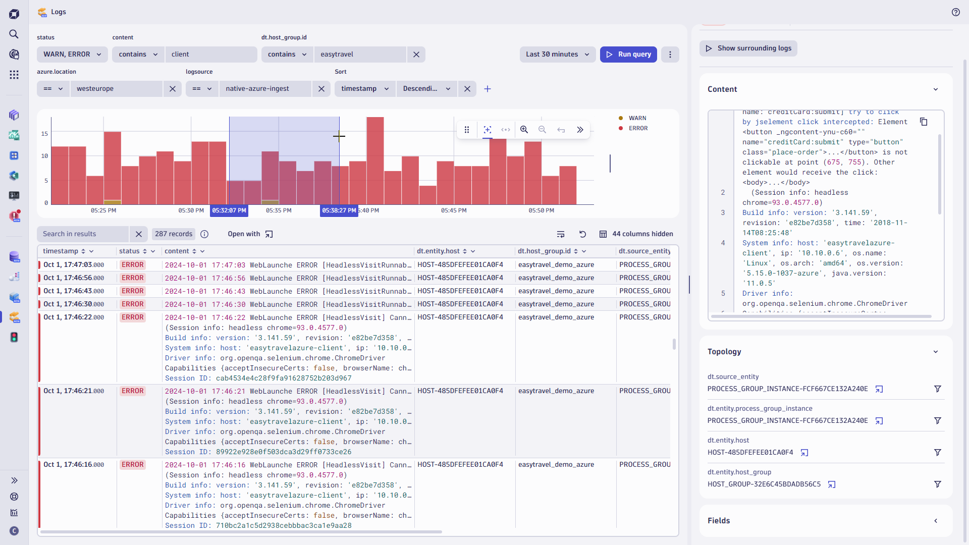 The menu bar of the new Logs app provides simple click-to-filter options. You can select single log lines to surface more insights in the details pane and further click-to-filter options.