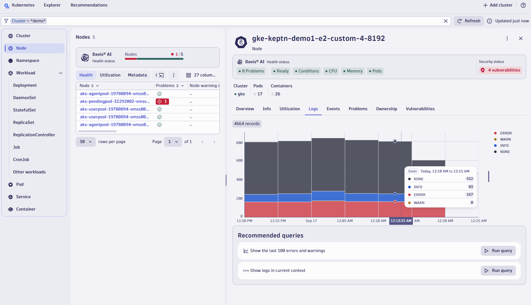 Logs are presented in the context of the applications that generate them, with the capability to run queries and open queried log entries directly in the Logs app.