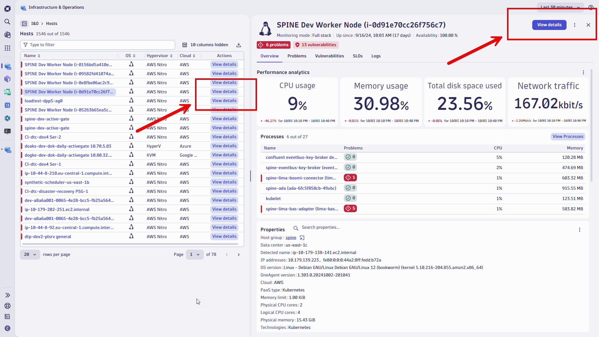 Overview of a cloud-hosted frontend web application. Key metrics are summarized in the Infrastructure & Operations overview. Selecting View details in the resources list or from the overview page provides a detailed drill-down view.