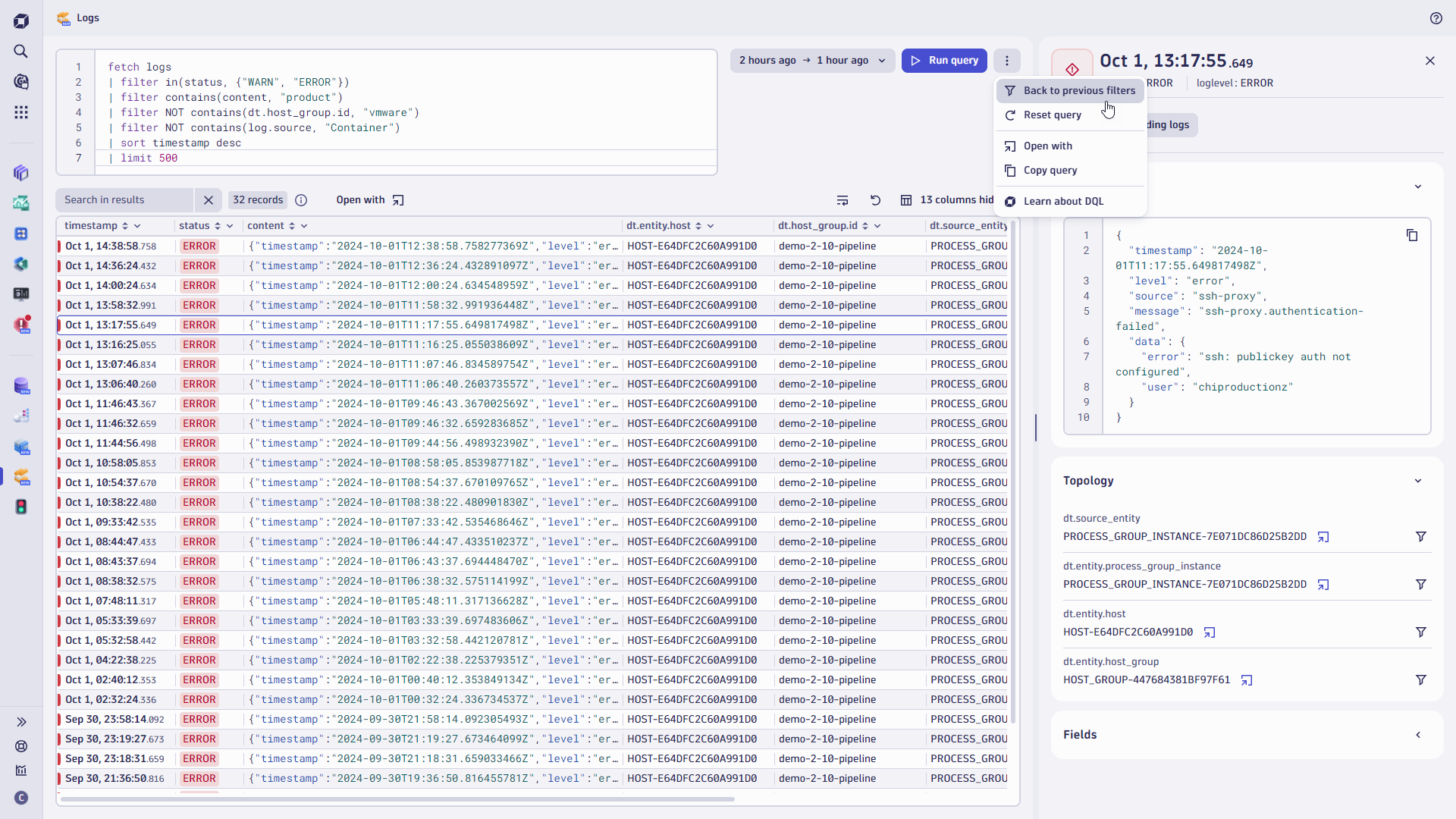 Logs app in advanced DQL-editor view, showcasing the capability to add additional filter conditions.