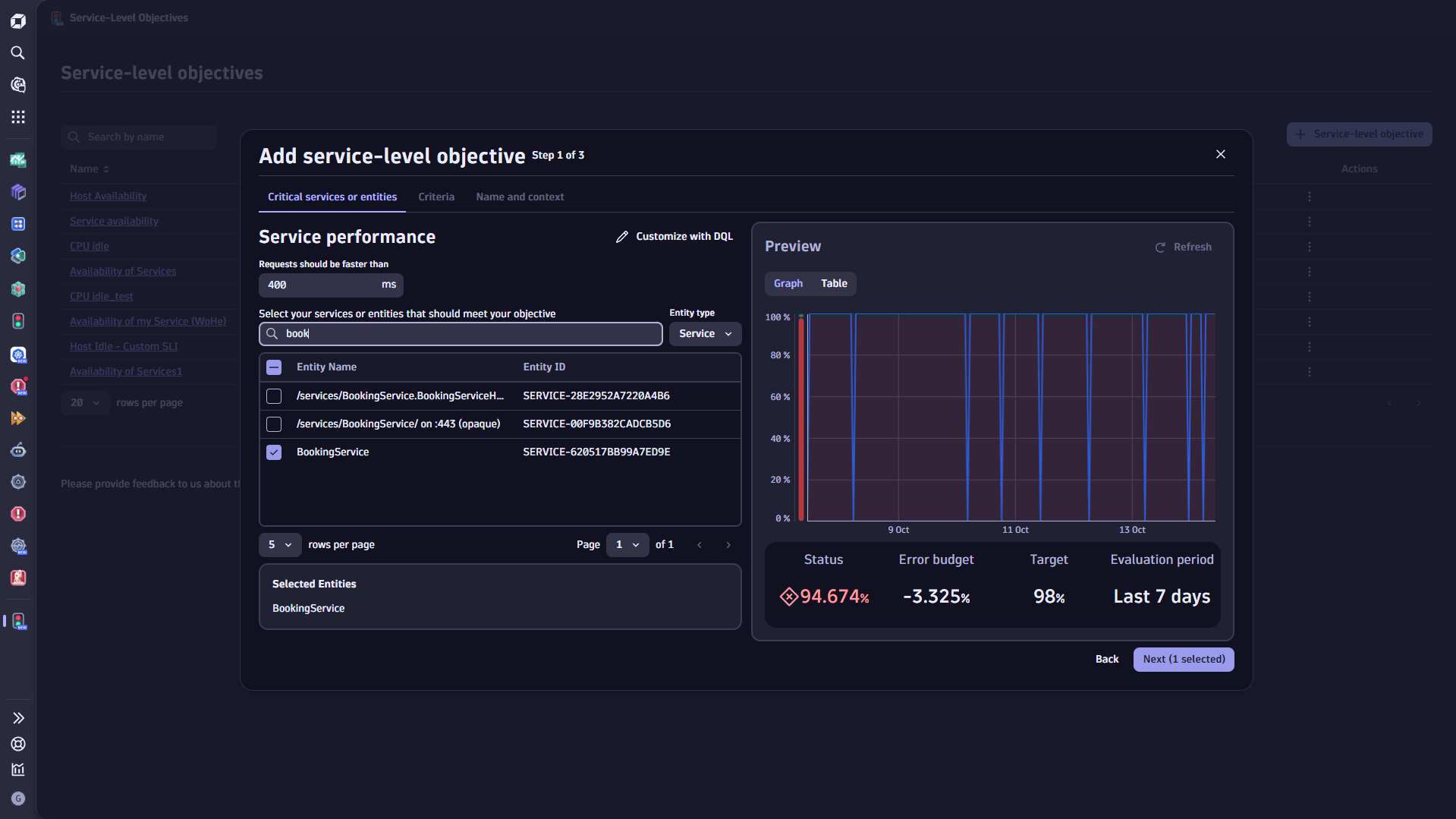 Add a SLO in Dynatrace screenshot