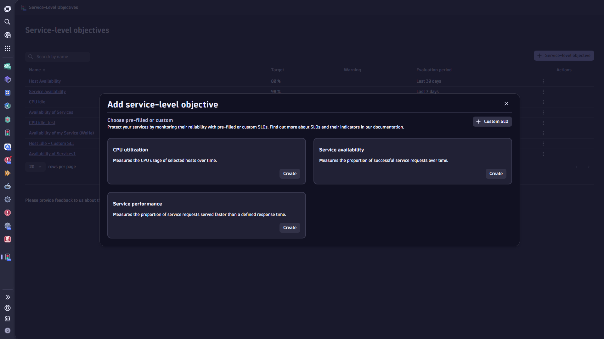 SLOs templates in Dynatrace screenshot