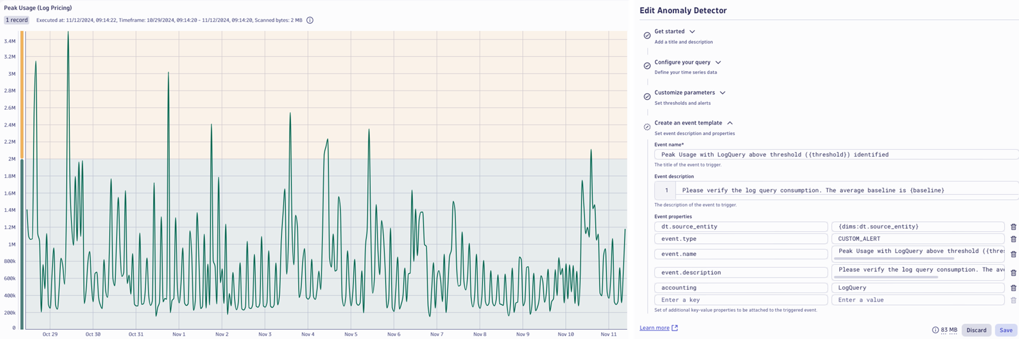 Figure 3. Set up an anomaly detector for peak cost events.