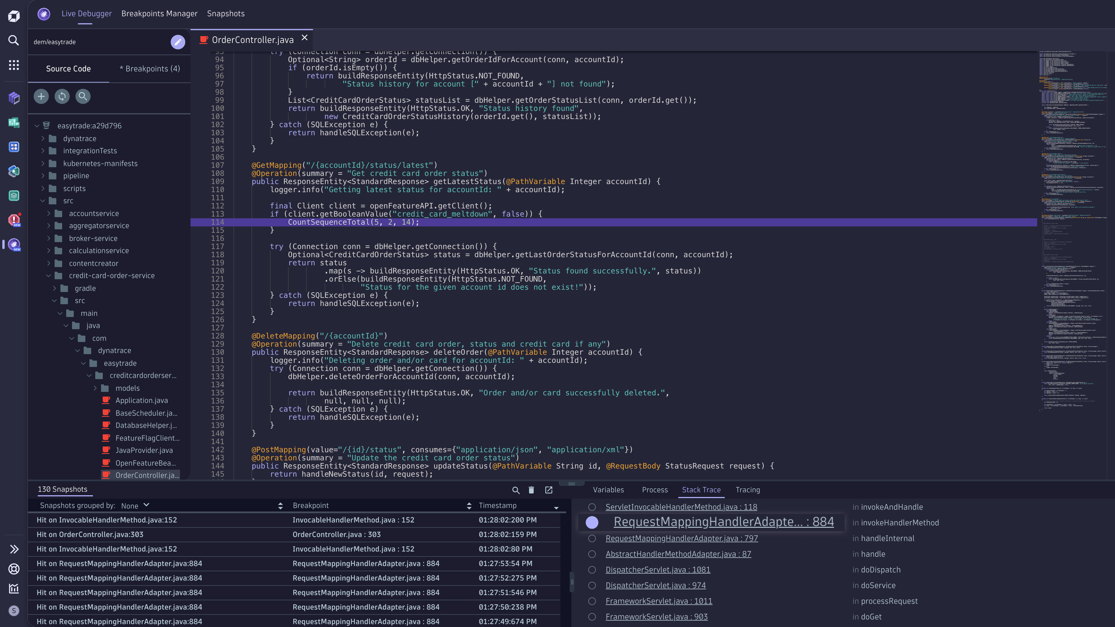 Live Debugger of OrderController.java