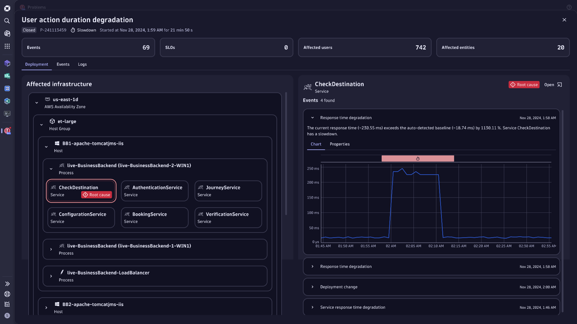 Analyze the root cause in the Problems app.