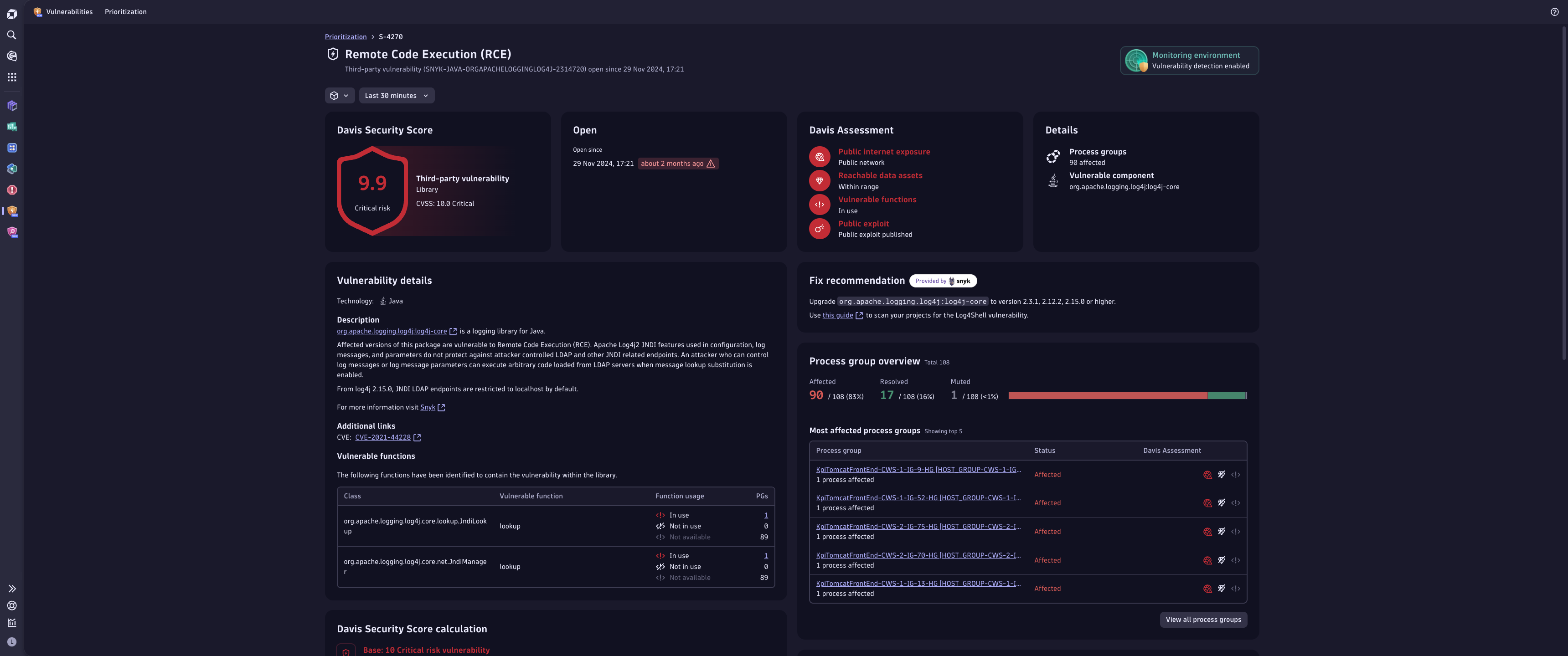 Vulnerability detail view in Dynatrace screenshot