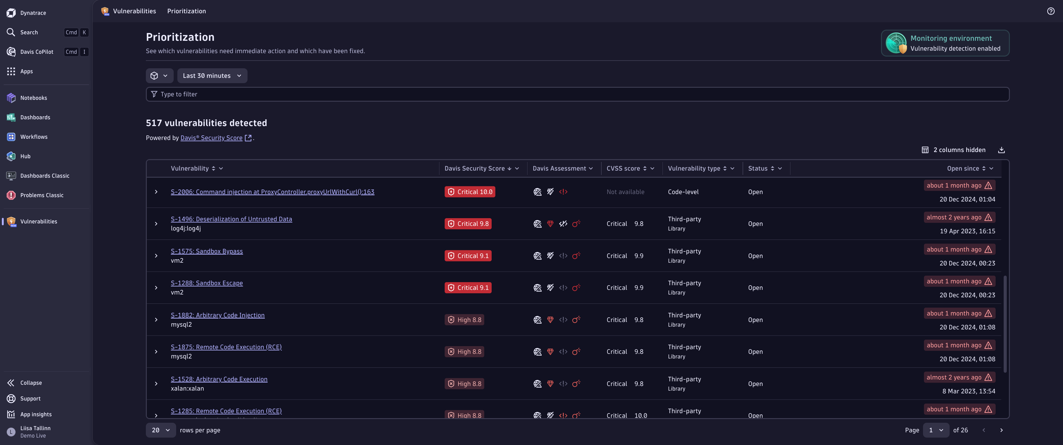 Vulnerabilities prioritization table view in Dynatrace screenshot